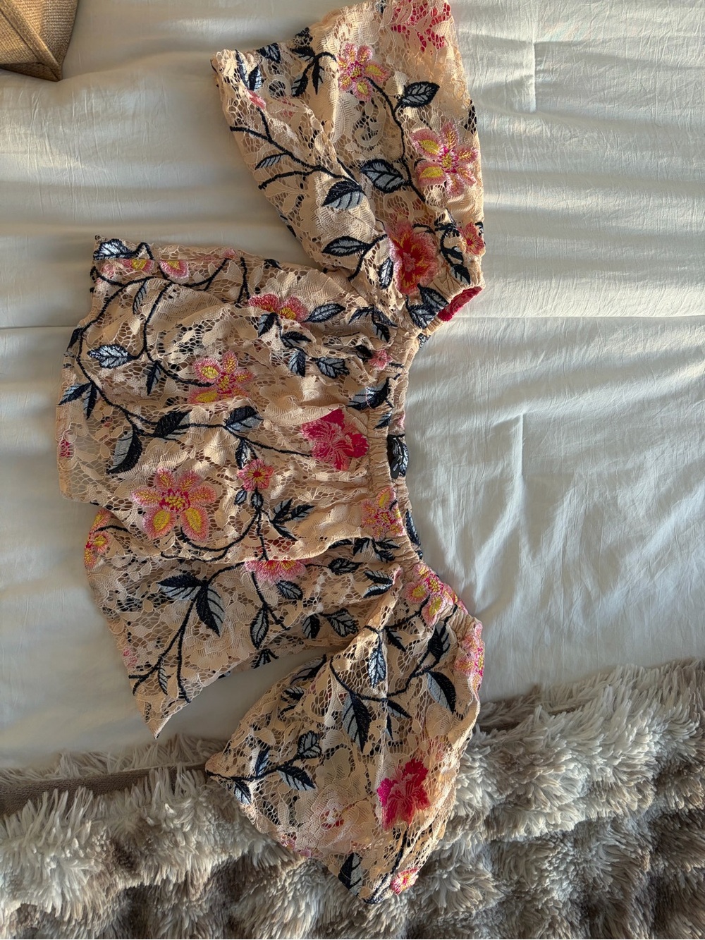bebe Blush Lace Top with Pink & Navy Embroidery